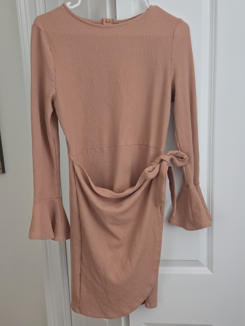 Tie-Waist Ribbed Long Sleeve Dress in Dusty Rose